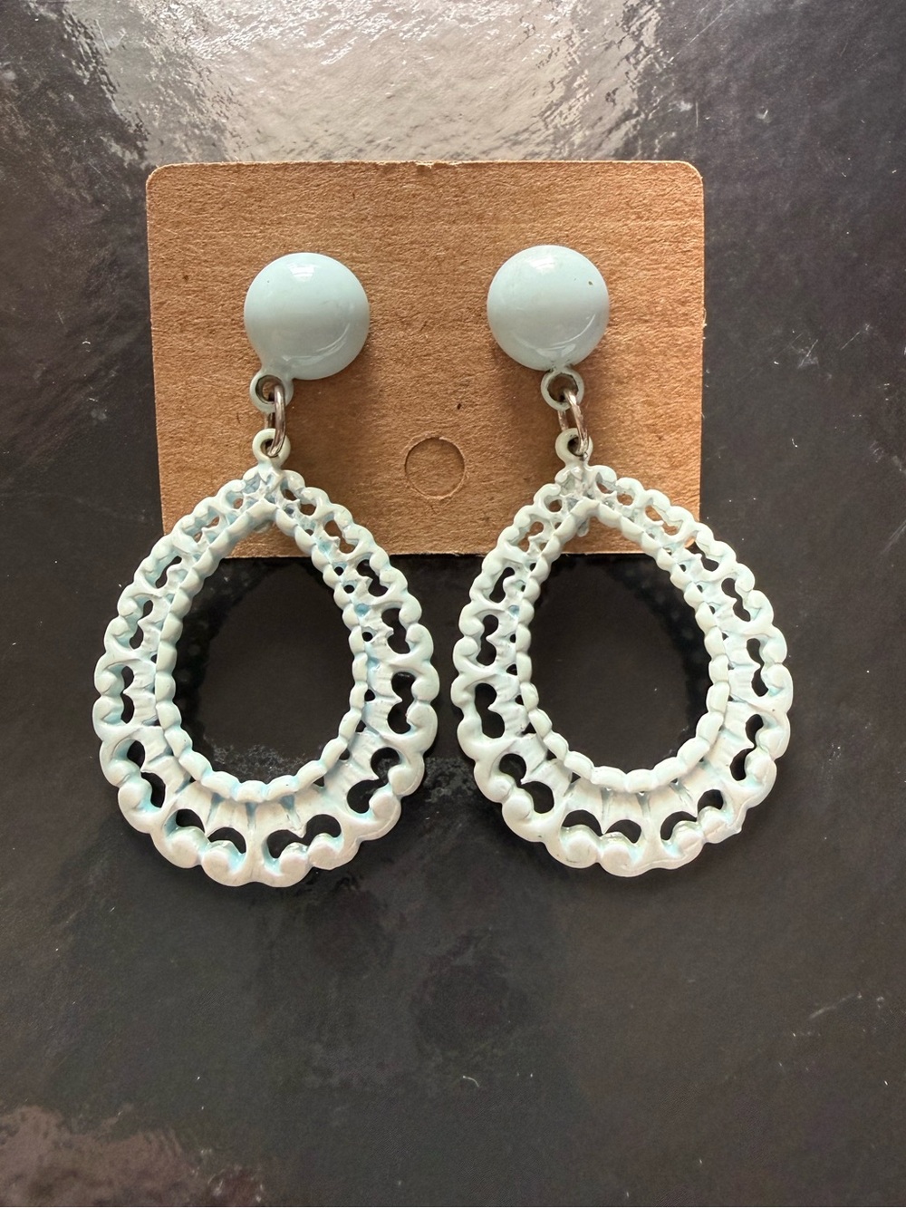 Vintage Hedy Hedison Powder Blue Painted Metal Filigree Dangle Pierced Earrings